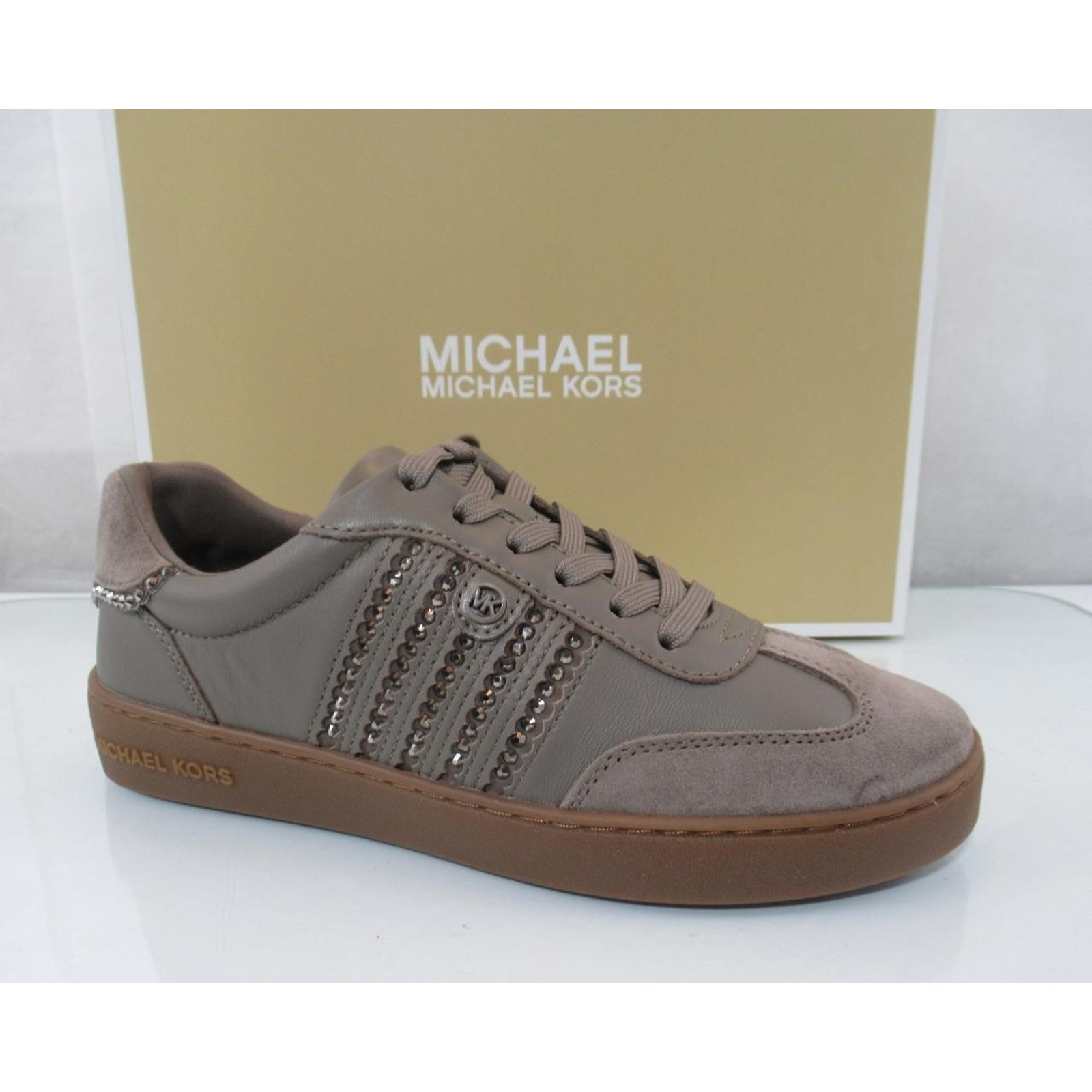 Michael Kors Scotty Lace Up Sneakers Rhinestone Mk Leather Birch Brown